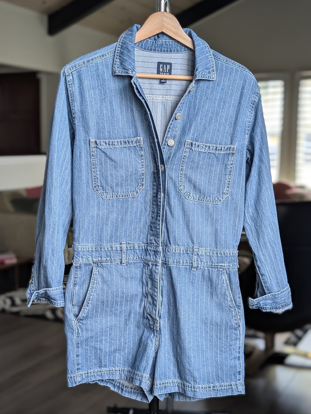 GAP Utility Long Sleeve Denim Romper in Blue Pinstripe Size 2